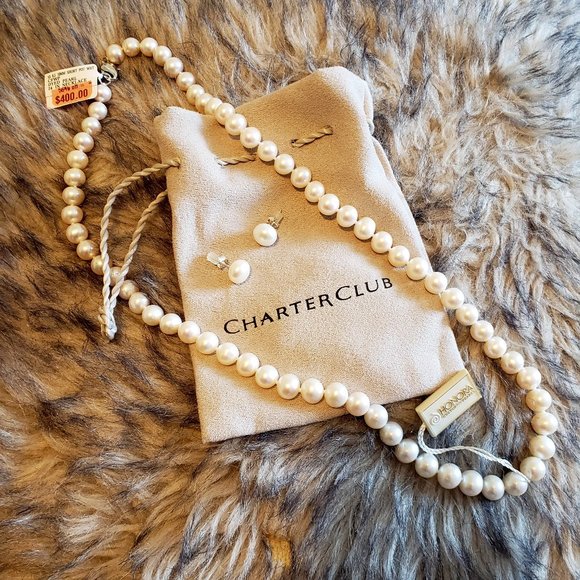 White CFWP 24" Pearl Necklace & Pearl Button Earrings